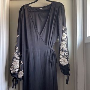 Embroidered sleeve wrap dress